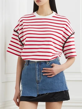 2023, весна-лето, новая женская футболка в полоску с контрастной вышивкой и короткими рукавами