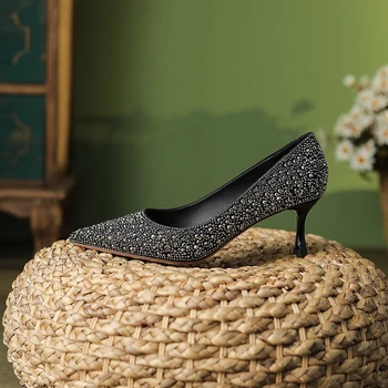 2023 г. новые весенние женские туфли-лодочки из натуральной кожи длиной 22-24,5 см, блестящий материал + свиная кожа, туфли на высоком каблуке, женская обувь в стиле ретро