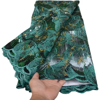 Высококачественное зеленое африканское сетчатое кружево, смешанное бархатное кружево с блестками, Африканская кружевная ткань, 5 ярдов Нигерийской кружевной ткани для платья K179