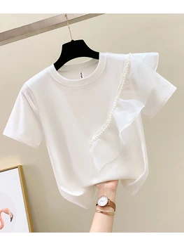 Женские летние футболки корейской версии, однотонные, для досуга, нишевые, с оборками, с короткими рукавами, короткий белый топ для похудения, D4064