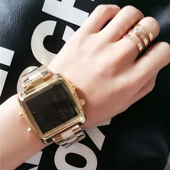 Роскошные цифровые женские часы Модный браслет-звено из нержавеющей стали, ремешок для наручных часов, деловые электронные мужские часы Reloj Mujer