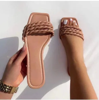 2022 Легкие простые тканые тапочки для женщин, летние повседневные пляжные Дышащие Однотонные сандалии для женщин