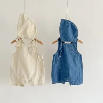 2023 Ins Летние Корейские комбинезоны для маленьких мальчиков Из джинсовой ткани с заплатками и сплошными карманами, боди на подтяжках для маленьких мальчиков со шляпой, одежда для маленьких мальчиков