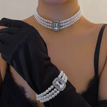 Ingemark Элегантное Многослойное ожерелье с имитацией жемчуга и горного хрусталя для женщин, Свадебная короткая цепочка для ключиц, аксессуары Y2K