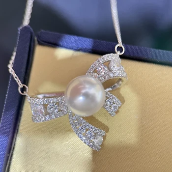MeiBaPJ 9-10 мм Натуральное белое полукруглое жемчужное ожерелье с бантом из серебра 925 пробы, изысканные свадебные украшения для женщин