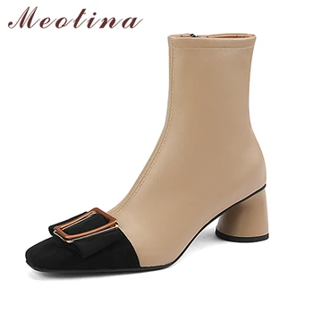 Meotina/ Женские ботильоны из натуральной кожи с квадратным носком, на высоком каблуке, с застежкой-молнией, женские короткие ботинки, осенне-зимняя обувь черного цвета