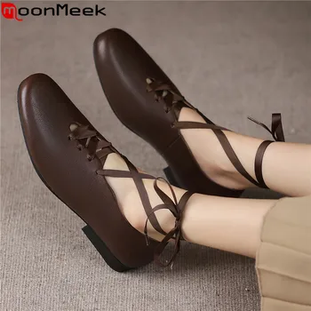 MoonMeek 2023 Новые женские модельные туфли на шнуровке с круглым носком из натуральной кожи на плоской подошве Женские однотонные туфли ручной работы в стиле ретро