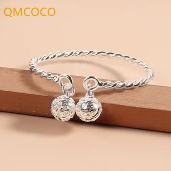 QMCOCO серебряного цвета Круглые браслеты-манжеты-колокольчики для женщин, винтажное плетение, модные украшения ручной работы, подарки для влюбленных