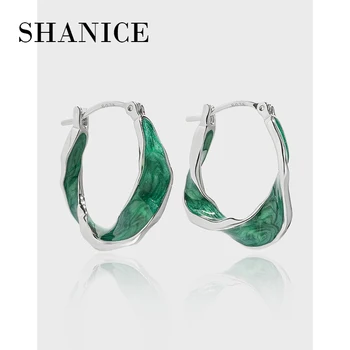 SHANICE 100% Стерлинговое серебро S925 Пробы, маленькое групповое твист-кольцо U-образного дизайна, высококачественные зеленые клейкие серьги-гвоздики