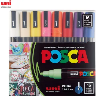 Uni Posca Набор Ручек для рисования 16 цветов PC-5M, Среднеточечные Маркеры 1,8-2,5 мм для наскальной живописи, Ткани, стекла и Граффити