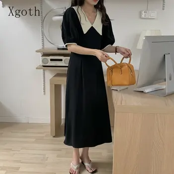 Xgoth Женское французское элегантное платье Femele с отложным воротником контрастного цвета, длинный халат с высокой талией, на завязках, облегающее платье с рукавами-пузырями.