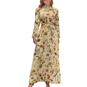 Винтажное платье-гриб Со Съедобным принтом, модное платье Макси с принтом, высокая талия, длинный рукав, уличный стиль, пляжные длинные платья