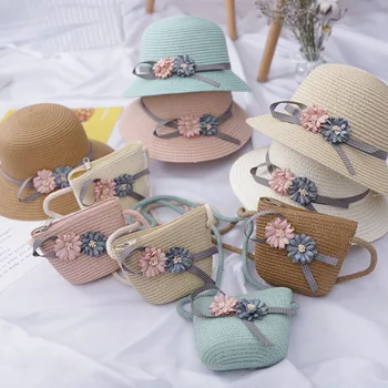 Детская летняя соломенная шляпа с сумочкой В комплекте для маленьких девочек, для путешествий на открытом воздухе, с цветами, Панама, Пляжные сумки для шляп с гибким бантом и лентой