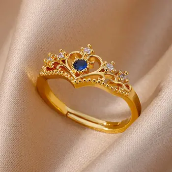 Женские кольца в виде короны и сердца с цирконом, Регулируемое обручальное кольцо из нержавеющей стали Золотого цвета, Модные эстетические украшения, подарок bague femme