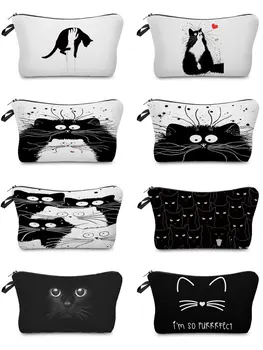 Женские косметички, детский пенал, дорожная переносная сумка для хранения, милая повседневная косметичка с изображением животного с черным котом