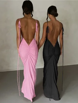 Женское макси-платье Mozision на бретельках с рюшами и открытой спиной, халат 2023 Без рукавов, облегающее вечернее длинное платье Vestidos