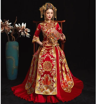 КРАСНОЕ Особенное Модное китайское свадебное платье невесты, платье с золотой вышивкой чонсам Сучжоу, женское золотое Весенне-осеннее Ципао S-XXL