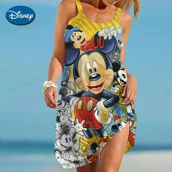 Летнее сексуальное пляжное платье, Новое женское платье без рукавов с принтом Disney Minnie Mickey Mouse, Элегантные платья для женщин, Одежда Vestidos Mujer