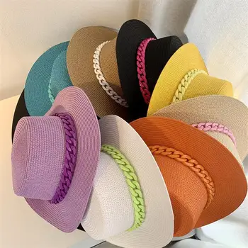 Летняя складная солнцезащитная шляпа с плоским верхом, женская Мужская Простая Круглая соломенная шляпа с широкими полями, акриловая цепочка, соломенные шляпы для женщин, Пляжная Панама, Праздничные кепки