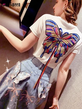 Летняя уличная одежда, Женская футболка с вышивкой в виде бабочки, футболки Harajuku, укороченный топ принцессы, футболка, Белые женские топы, одежда Kawaii