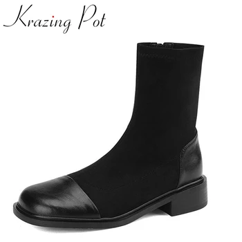 Модные ботинки Krazing Pot из флока из коровьей кожи с круглым носком на среднем каблуке Зимние французские романтические ботильоны на молнии с соединением дымоходов