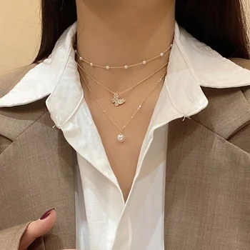 Модные ожерелья-чокеры с имитацией жемчуга для женщин, Корейская милая многослойная цепочка с подвеской-бабочкой, ожерелье для женщин, ювелирный подарок