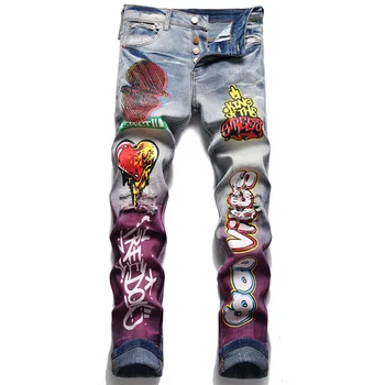 Мужские джинсы с принтом, винтажные рваные джинсовые брюки, уличная одежда в стиле хип-хоп, приталенные брюки с надписью Harajuku, нарисованные сердцем, для мужчин
