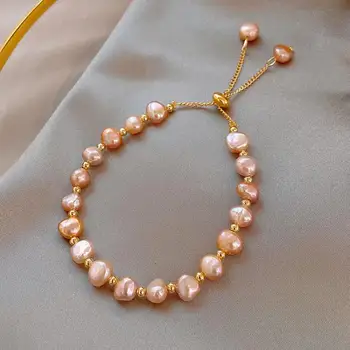 Новый розовый браслет из жемчуга в стиле барокко с вставками из нерегулярных жемчужных украшений, элегантный Модный браслет