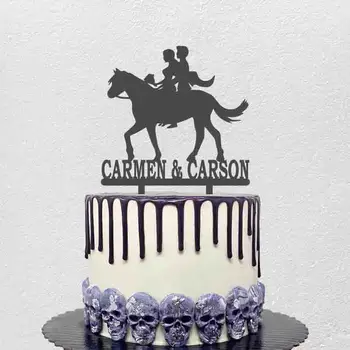 Персонализированное имя пары, Силуэт невесты и жениха Верхом на лошади, Топпер для свадебного торта