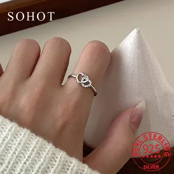 Регулируемое кольцо из настоящего стерлингового серебра 925 пробы с цирконом CZ в виде сердца для женщин, классические геометрические ювелирные изделия
