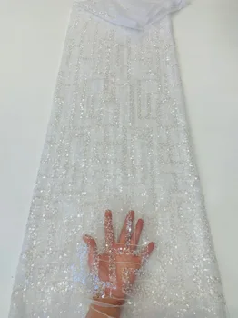 Роскошная Африканская сетчатая кружевная ткань 2023, вышивка бисером, белые 3D пайетки, французский тюль, кружево для свадебного платья YYZ983