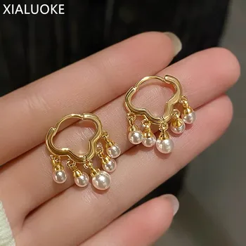 Серьги-клипсы XIALUOKE в корейском стиле с геометрическими золотыми облаками Для женщин, серьги-подвески с жемчугом, ювелирные украшения для девочек, подарки