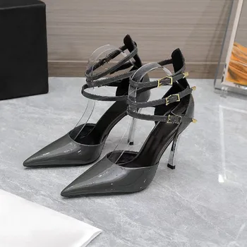 Туфли на высоком каблуке с острым носком и ремешком сзади, Однотонные металлические Модные Женские босоножки, Роскошный бренд, Пикантная обувь на каблуках