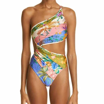 Цельный купальник с цветочным вырезом на одно плечо, сексуальное бикини с высокой талией и открытой спиной, Шикарное пляжное облегающее платье на шнуровке для вечеринки 2023 года