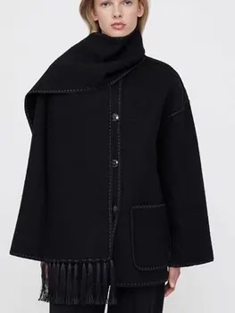 Шерстяное пальто с воротником-шарфом и кисточками, вязаное крючком, Свободное черное пальто для женщин