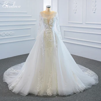 Элегантное свадебное платье Русалки с круглым вырезом, расшитое бисером, с длинным рукавом 2023, Великолепные кружевные аппликации, свадебное платье со съемным шлейфом-трубой